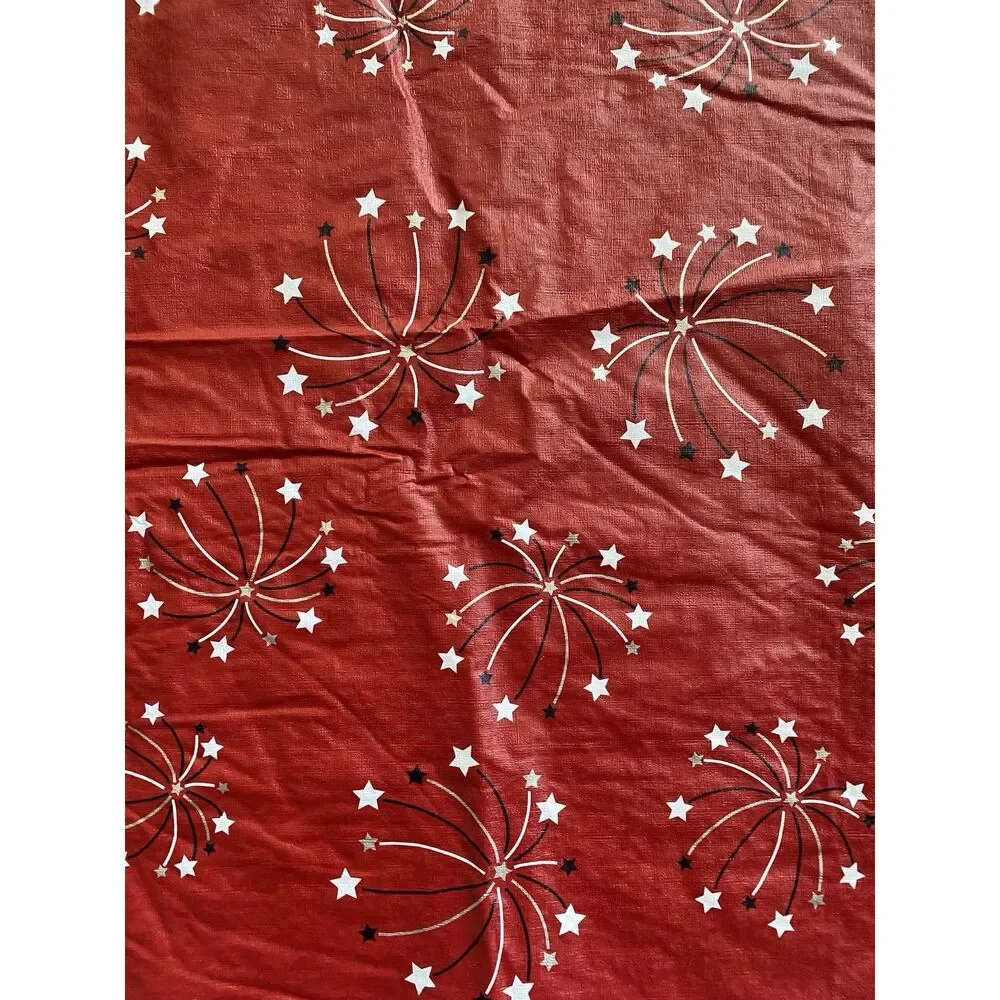Vintage Fireworks 4th Of July Vinyl Flannel Backed Tablecloth Oblong 59”x82” Red